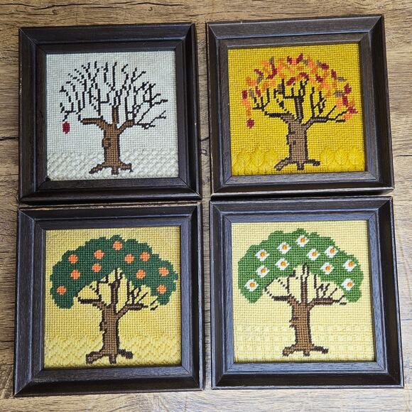 Handmade Framed Needlepoint 4 Seasons Trees Vintage - Picture 1 of 7
